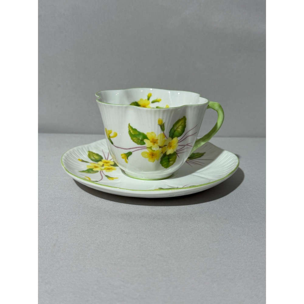 Shelley Primrose 13430‎ Dainty Tea Cup and Saucer Set Yellow Floral Green Trim